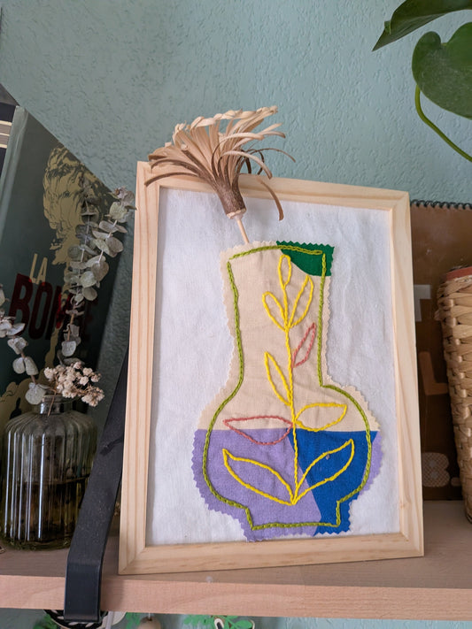 Un vase brodé. Des vraies fleurs dedans.