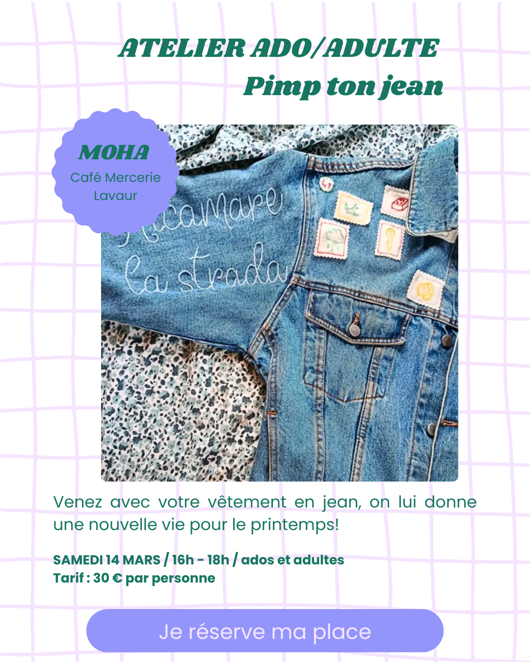 Atelier broderie ados/adultes — Customise ton jean 16h - 18h — 30€